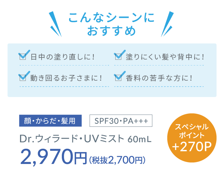 Dr.ウィラード・UVミスト[顔・からだ・髪用]SPF30・PA+++ 60mL 2,970円（税抜2,700円）