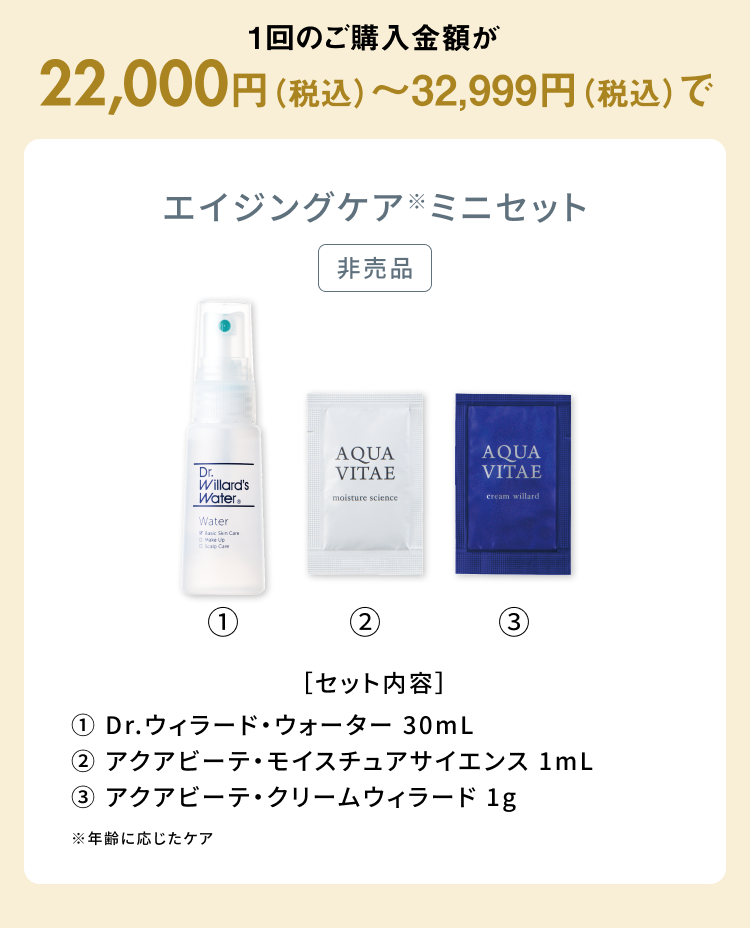 1回のご購入金額が22,000円（税込）〜32,999円（税込）で 
エイジングケア※ミニセット[非売品]